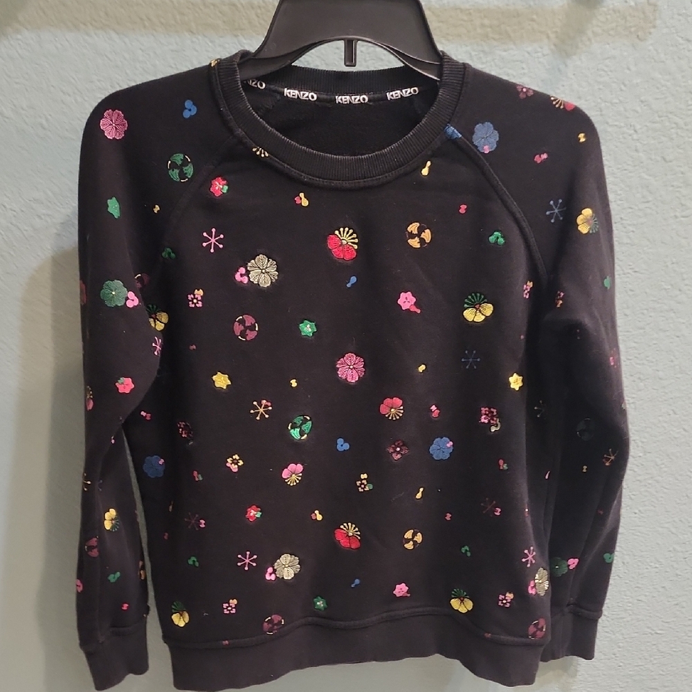 Kenzo Crewneck Sweatshirt Black with Multicolor Floral Accents Women's Small